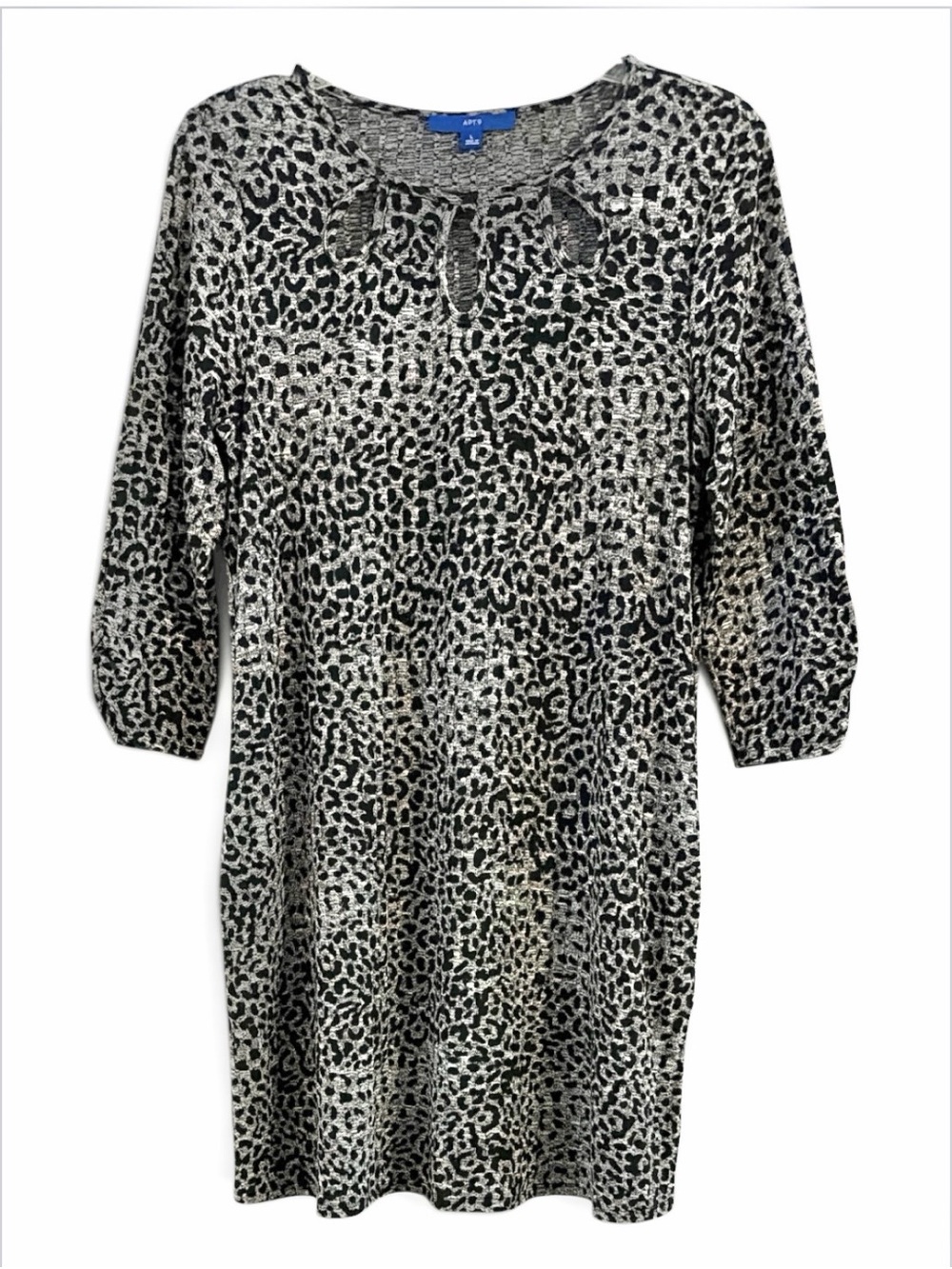 Apt. 9 Leopard-Print Knit Dress Keyhole Neckline 3/4 Ruched Sleeve Pockets L